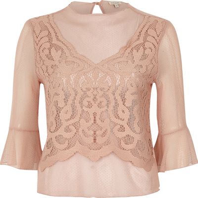 Light pink dobby mesh lace bell sleeve top